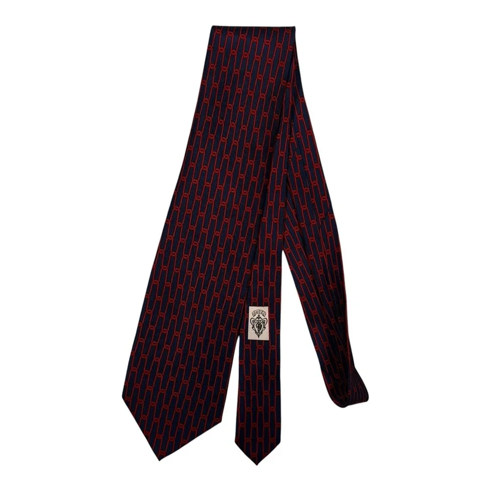 Gucci Neck Tie Navy Red Chain Link Pattern 100% Silk Made in Italy 3.5x57”